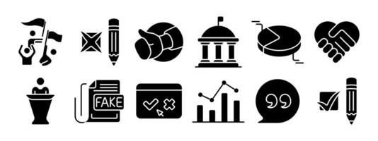 Politik einstellen Symbol. Wählen, Debatte, politisch Kampagne, Handschlag, Regierung Gebäude, Kuchen Diagramm, Abstimmung, Ausfahrt Umfrage, Protest, Podium, prüfen markieren, Statistiken, Demokratie, Wahl Konzept. vektor