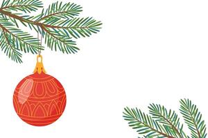 jul träd gren med röd jul boll. modern platt stil röd struntsak. dekor för jul, ny år och högtider. hand dragen isolerat på vit illustration vektor