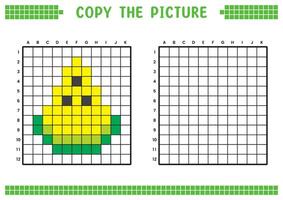 kopia de bild, komplett de rutnät bild. pedagogisk kalkylblad teckning med rutor, färg områden. barns förskola aktiviteter. tecknad serie, pixel konst. gul vattenmelon skära illustration. vektor