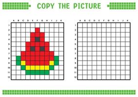 kopia de bild, komplett de rutnät bild. pedagogisk kalkylblad teckning med rutor, färg områden. barns förskola aktiviteter. tecknad serie, pixel konst. skära röd vattenmelon illustration. vektor