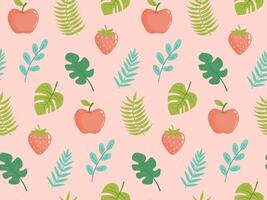 nahtlos Muster mit tropisch Blätter, Zweige, Erdbeere und Apfel. exotisch Blumen- Muster zum Design und Textil. Sommer- Hintergrund im Pastell- Farben. vektor