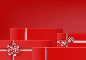 Geschenkbox des Hintergrundes 3d mit rotem Bogenanzeigeprodukt für Weihnachten. Produktanzeige Hintergrundvektor 3D-Rendering mit minimalem Podiumsstudio. stehen für kosmetik auf roter geschenkbox im neujahrstag