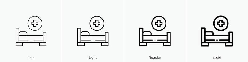 Krankenhaus Bett Symbol. dünn, Licht, regulär und Fett gedruckt Stil Design isoliert auf Weiß Hintergrund vektor