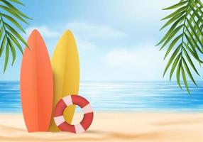 3D-Sommerhintergrundprodukt-Anzeigeplattformszene mit Surfbrettplattform. Himmel Wolke Sommer Hintergrund Vektor 3D-Render auf dem Ozean-Display. Podium am Sandstrand Kosmetikprodukt-Ausstellungsstand