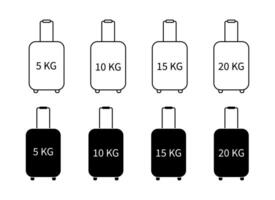 Gepäck Koffer und anders Gewicht Zeichen Symbole einstellen isoliert. Gliederung Symbole und schwarz Silhouetten. Kabine Gepäck Grafik Elemente vektor