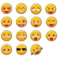 lustige Cartoon-Emoji und Emotionen-Symbol. Symbole für Stimmung und Gesichtsgefühl. Weinen, Lächeln, Lachen, fröhliche, traurige, wütende und glückliche Gesichter, Emoticons-Vektorset.