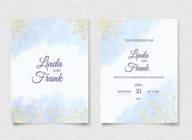 blå akvarell bröllop inbjudningskort set med guld blommor vektor