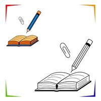 öffnen Buch, Bleistift und Papier Clip Färbung Buchseite. lehrreich Arbeitsblatt. Elemente zum Färbung Buch, Design Abbildungen im das Stil von Gliederung zum Kinder. vektor