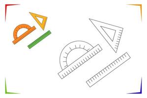 Schule Herrscher, Dreieck, Winkelmesser Färbung Buchseite. lehrreich Arbeitsblatt. Elemente zum Färbung Buch, Design Abbildungen im das Stil von Gliederung zum Kinder. vektor