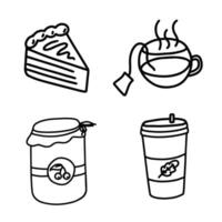 ritad för hand mat och dryck klotter terar kaffe, te, sylt, och skiva av paj vektor