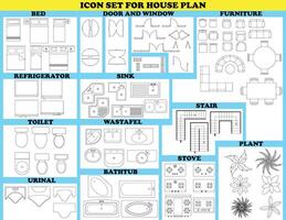 en uppsättning av ikoner för en hus planen. en uppsättning av ikoner för en hus planen. de ikoner inkludera en kylskåp, handfat, toalett, badkar, och en fönster vektor