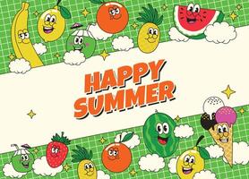 Sommer- Hintergrund Design mit frisch Obst Charakter im retro Stil vektor