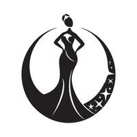 Fröken festtåg logotyp med skön lady kväll klänning och krona design stock bild vektor
