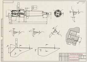 mechanisch Ingenieurwesen Zeichnungen auf Sepia Hintergrund. Zapfhahn Werkzeug, Bohrer. technisch Design. Abdeckung. Entwurf. Illustration. vektor