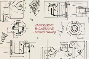 mechanisch Ingenieurwesen Zeichnungen auf Sepia Hintergrund. Zapfhahn Werkzeug, Bohrer. technisch Design. Abdeckung. Entwurf. Illustration. vektor