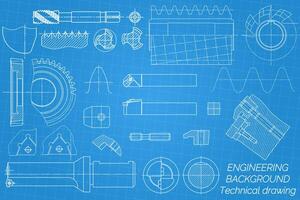 mechanisch Ingenieurwesen Zeichnungen auf Blau Hintergrund. Zapfhahn Werkzeug, Bohrer, Schneiden Werkzeug, Mahlen Cutter. technisch Design. Abdeckung. Entwurf. Illustration vektor