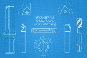 mechanisch Ingenieurwesen Zeichnungen auf Blau Hintergrund. Zapfhahn Werkzeug, Bohrer, Schneiden Werkzeug, Mahlen Cutter. technisch Design. Abdeckung. Entwurf. Illustration vektor