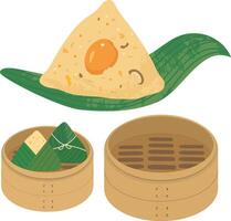 klebrig Reis Knödel eingewickelt mit Bambus Blätter, Erdnüsse, Shiitake Pilze, geschmort Schweinefleisch, Fleisch, Kastanien, gesalzen Ei Eigelb duanwu Küche und Essen Zutaten Drachen Boot Festival Dampfer vektor