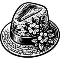 Sommer- Männer Panama Hut dekoriert mit Blumen im einfarbig. Licht Sommer- Kopfschmuck. einfach minimalistisch im schwarz Tinte Zeichnung auf Weiß Hintergrund vektor