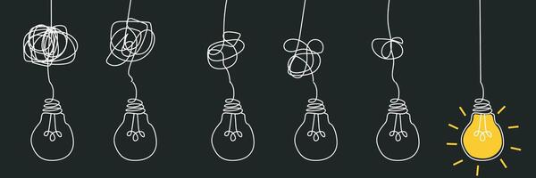 illustration av en lampa med slumpmässig, kaotisk kablar långsamt kommande uppknäppt. begrepp av upptäckt idéer vektor