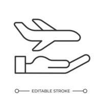 Reise Versicherung linear Symbol. Transport Service. Flugzeug Reise. Fluggesellschaft Dienstleistungen. Hand hält Flugzeug. dünn Linie Illustration. Kontur Symbol. Gliederung Zeichnung. editierbar Schlaganfall vektor