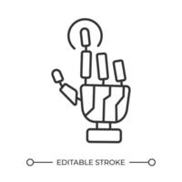 Roboter berühren linear Symbol. bionisch Hand Wasserhähne Bildschirm. künstlich Glied. künstlich Intelligenz Konzept. dünn Linie Illustration. Kontur Symbol. Gliederung Zeichnung. editierbar Schlaganfall vektor