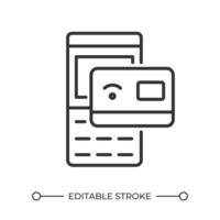 kontaktlos Zahlung linear Symbol. in der Nähe von Feld Kommunikation. bezahlen Anerkennung Karte. Verkauf Technologie. bargeldlos Transaktion. dünn Linie Illustration. Kontur Symbol. Gliederung Zeichnung. editierbar Schlaganfall vektor