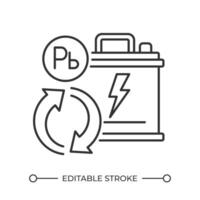 recycelbar Batterien linear Symbol. wiederaufladbar Blei-Säure Stromspannung. niedrig Kosten Energie Lagerung. Abfall Management. dünn Linie Illustration. Kontur Symbol. Gliederung Zeichnung. editierbar Schlaganfall vektor