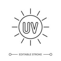 uv Strahlung linear Symbol. ultraviolett Licht. Sonnenlicht Belichtung. Haut Schutz. Sonnenbrand Verhütung. dünn Linie Illustration. Kontur Symbol. Gliederung Zeichnung. editierbar Schlaganfall vektor