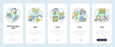ägare förening typer onboarding mobil app skärm. genomgång 5 steg redigerbar grafisk instruktioner med linjär begrepp. ui, ux, gui mall vektor