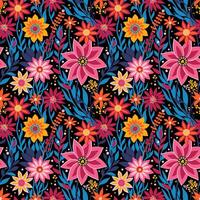 blomma fält i ljus neon rosa, blå, orange, gul färger på svart, sömlös slumpmässig mönster. bra för textil, yta, tapet, omslag, tyg, dekor prydnad, klippbok hantverk papper. vektor