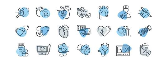 Kardiologie Linie Symbol Satz. Herz, EKG, Stent, Aorta, Herzschrittmacher, Myokard Infarkt, Blutdruckmessgerät, Holter Monitor, Rhythmus, Medikamente, Diagnose, Skalpell, Chirurgie Illustration. editierbar vektor