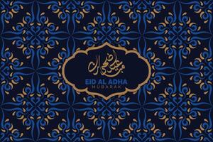 eid al Adha festival. hälsning kort med blå och guld Färg bakgrund. eid mubarak tema. illustration. vektor