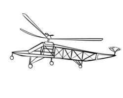 retro helikopter svart och vit kontur illustration isolerat. flygplan bläck silhuett spinning propeller hand ritade. enkel tecknad serie luft transport. barnslig plan för pojke färg. vektor