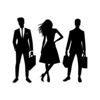 silhuetter av män och en kvinnor, en grupp av stående företag människor, svart Färg isolerat på vit bakgrund vektor