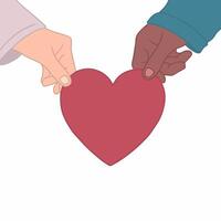 röd hjärta symbol mellan två människor av annorlunda hud Färg innehav händer på vit bakgrund. hand dragen färgad platt illustration. vektor