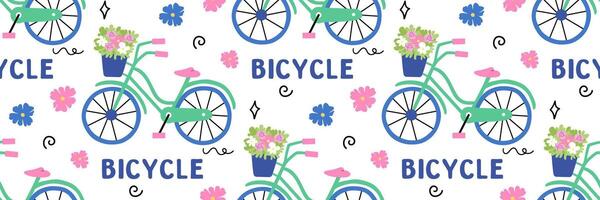 cykel sömlös mönster. värld cykel dag 3 juni bakgrund med cykel. sommar aktiviteter och sporter. lämplig för textil- design, förpackning, tapet, scrapbooking. platt illustration. vektor