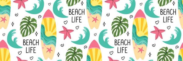 strand liv sömlös mönster. strand bakgrund med handflatan träd, surfbräda, hav vågor, sjöstjärna och klotter element. lämplig för textil- design, förpackning, tapet, scrapbooking. illustration. vektor