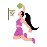 basketboll mästerskap illustration. ett basketboll spelare med boll. karaktär för sporter ställning, webb, vykort, maskot, sport skola. friska livsstil bakgrund. platt illustration. vektor