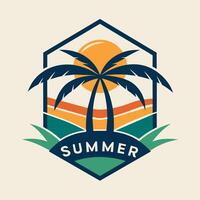 Logo Emblem Sommer- Jahreszeit mit Kokosnuss und Sonnenuntergang zum Ihre Design Logo, Gemeinschaft vektor