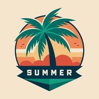 logotyp emblem sommar säsong med kokos och solnedgång för din design logotyp, gemenskap vektor