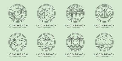 uppsättning av linje konst strand ikon logotyp illustration design, hav landskap dugg bricka emblem och Vinka minimal logotyp design vektor