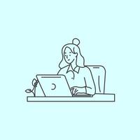 en kvinna är arbetssätt på en bärbar dator och har en teckning logotyp av en kvinna på de tillbaka av henne vektor