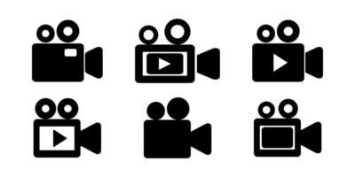 uppsättning av platt design kamera ikoner med bio kamera, filma kamera, spela knapp. multimedia ikoner i svart på en vit bakgrund. vektor
