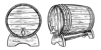 trä- tunna. hand dragen årgång illustration i graverat stil. alkohol, vin, öl eller whisky gammal trä kagge. bra för pub eller restaurang meny, märka, affisch, logotyp. vektor