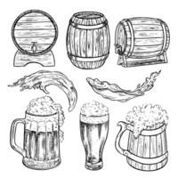 hölzern Fässer und Bier Tassen. handgemalt Abbildungen mit schwarz und Weiß Grafik. Elemente von Cliparts zum das Design von Etiketten, Pakete, Plakate Über Bier Produktion. vektor