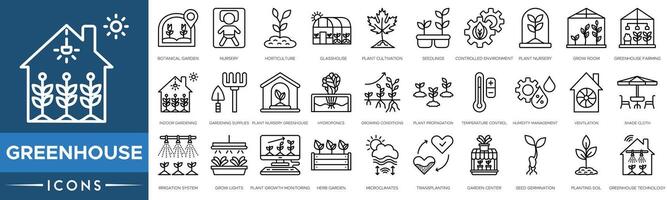 växthus ikon uppsättning. botanisk trädgård, barnkammare, hortikultur, växthus, växt odling, plantor och kontrollerade miljö vektor