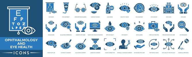 Augenheilkunde und Auge Gesundheit Symbol. Auge Prüfung, Auge Salbe , Rezept Gläser, Kontakt Linsen, Tropfen, gesund Vision, Anatomie, Krebs, Auge Klinik, Pflege vektor