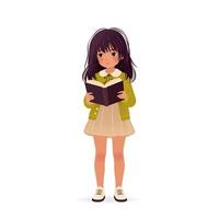 söt liten flicka är innehav bok i henne händer och läsning Det. isolerat illustration på vit bakgrund. tecknad serie unge för pedagogisk mönster, bok klubb, värld bok dag. ClipArt. vektor