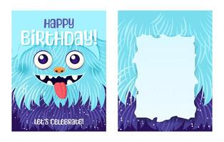 Monster- Party Einladung Satz. glücklich Geburtstag Gruß Karten. festlich Postkarten mit ein flauschige Karikatur Monster. Design mit ein süß Kreatur zum Ihre Feier Fall. geschichtet Vorlage. vektor